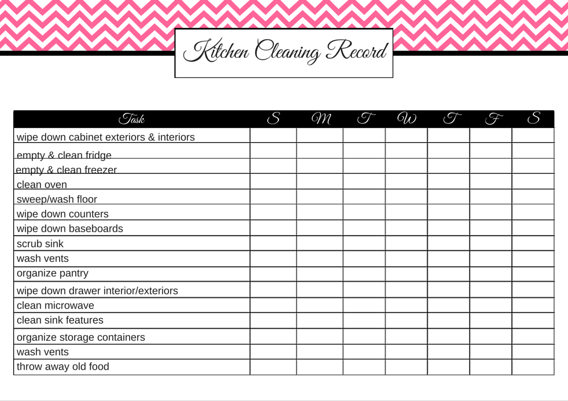 Pink Kitchen Cleaning Record (filled in), Free Printables