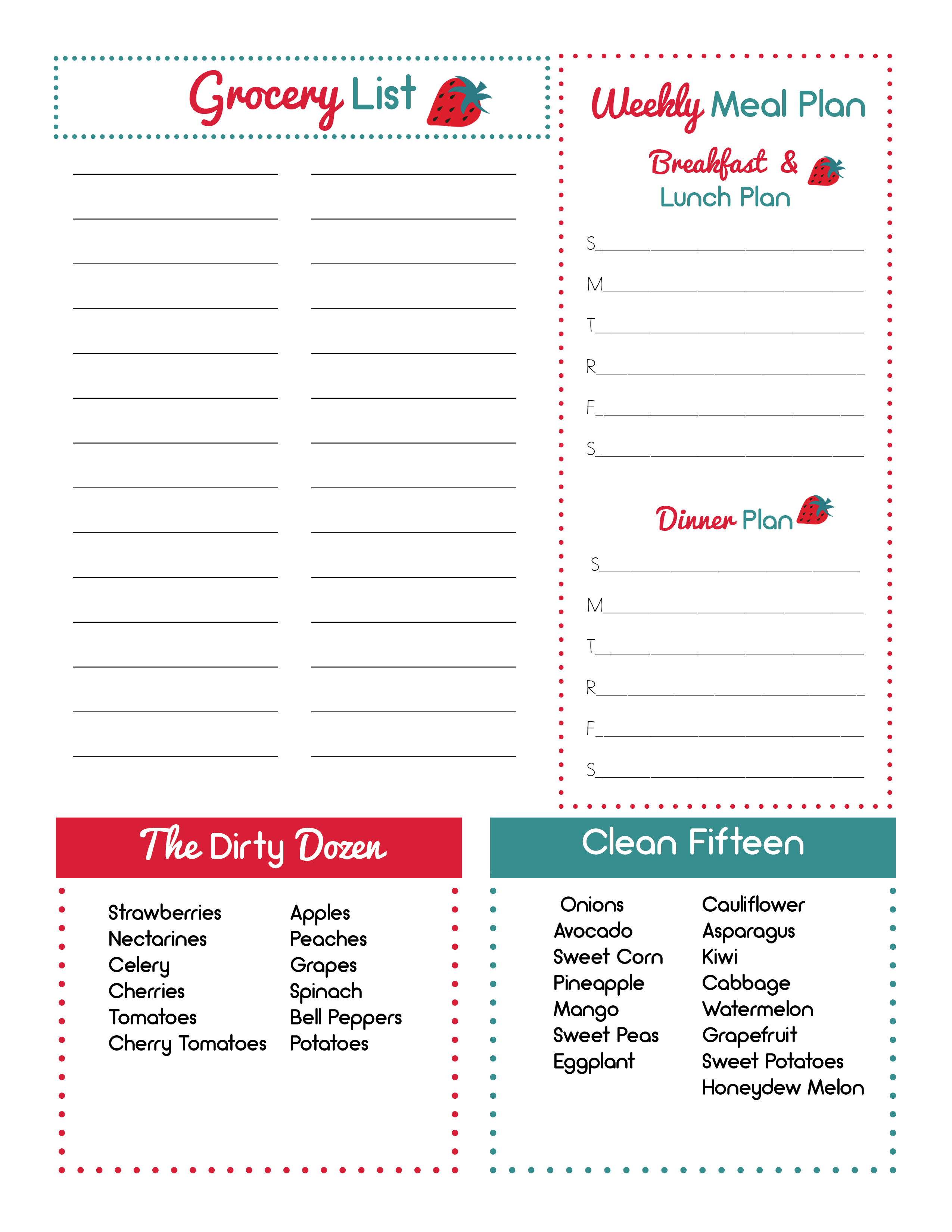 shopping list groceries meal planner dirty dozen clean 15